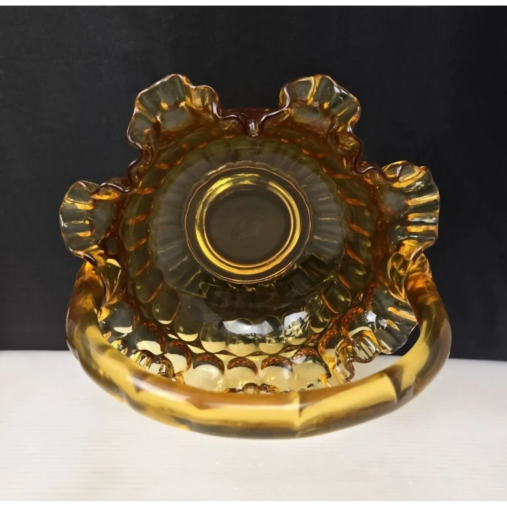 Vintage Fenton Colonial Amber Thumbprint Glass Basket  8